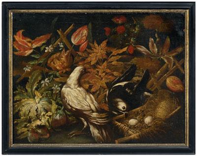 Appraisal: th century Dutch School painting still life with parrot tulips