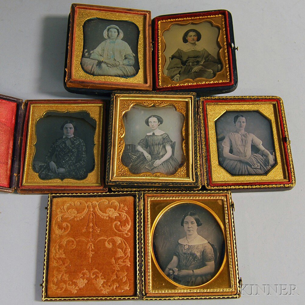 Appraisal: Five Sixth-plate Daguerreotypes and an Ambrotype Depicting Young Women daguerreotypes