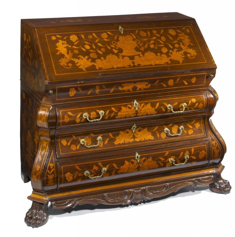 Appraisal: A DUTCH MAHOGANY AND FLORAL MARQUETRY BOMB BUREAU the flap