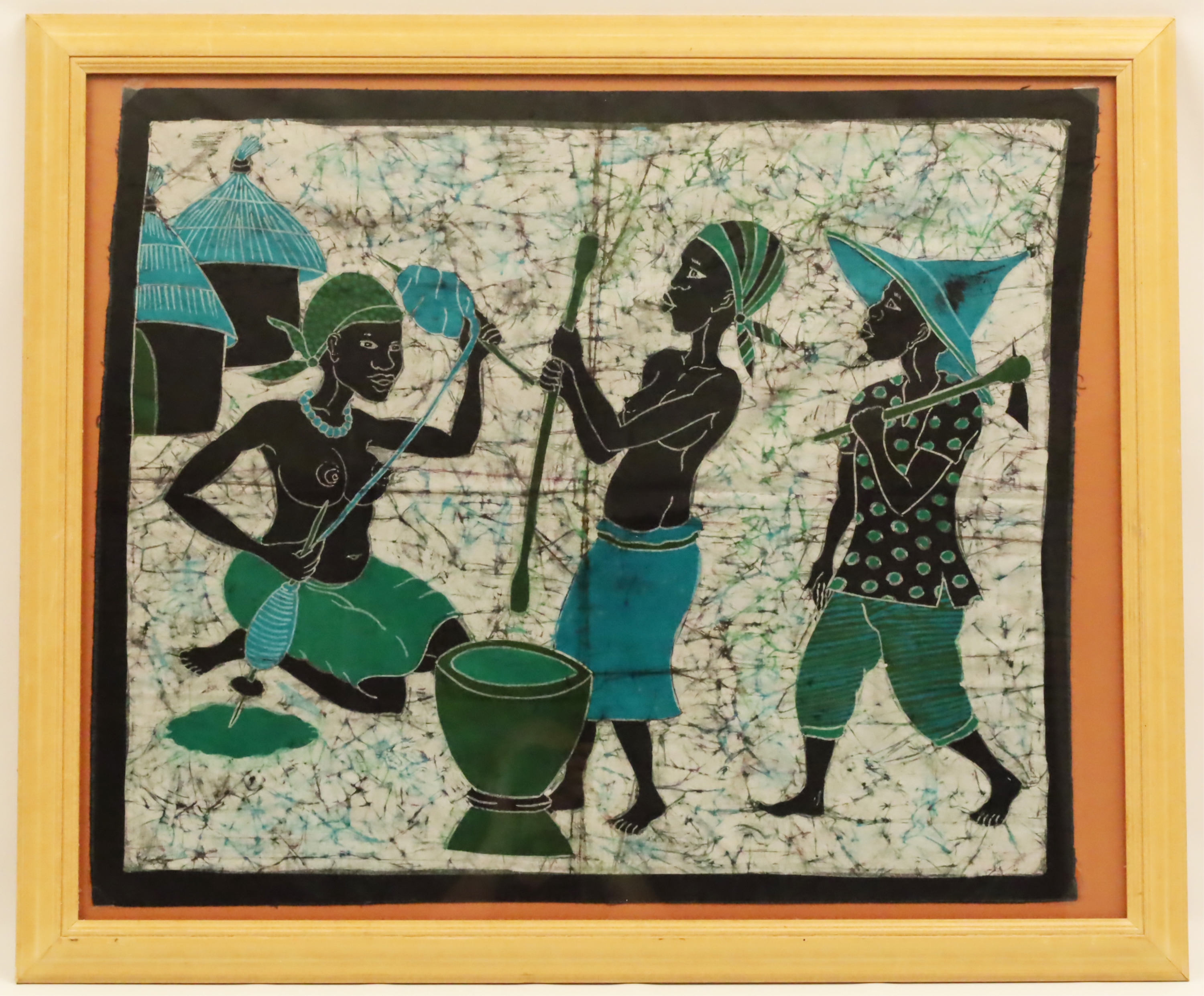 Appraisal: BATIK CLOTH ARTWORK Indonesian Batik cloth artwork depicting three figures