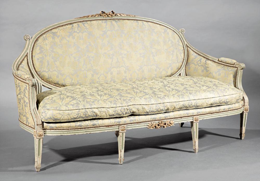 Appraisal: Louis XVI Carved Painted and Parcel Gilt Canape th c