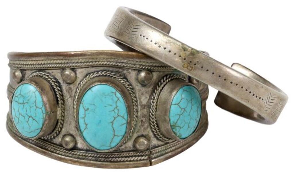 Appraisal: lot of Silverplate cuff bracelets including set with three turquoise-colored