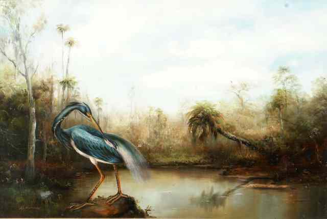 Appraisal: A REDMAN An exotic river landscape with heron signed oils