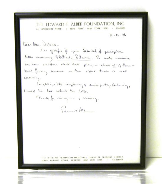 Appraisal: Framed handwritten letter from Edward Francis Albee III American playwright