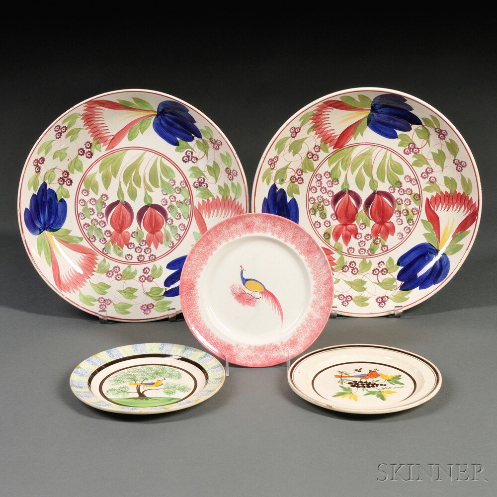 Appraisal: Pair of Large Floral-decorated Pottery Bowls and Three Plates England