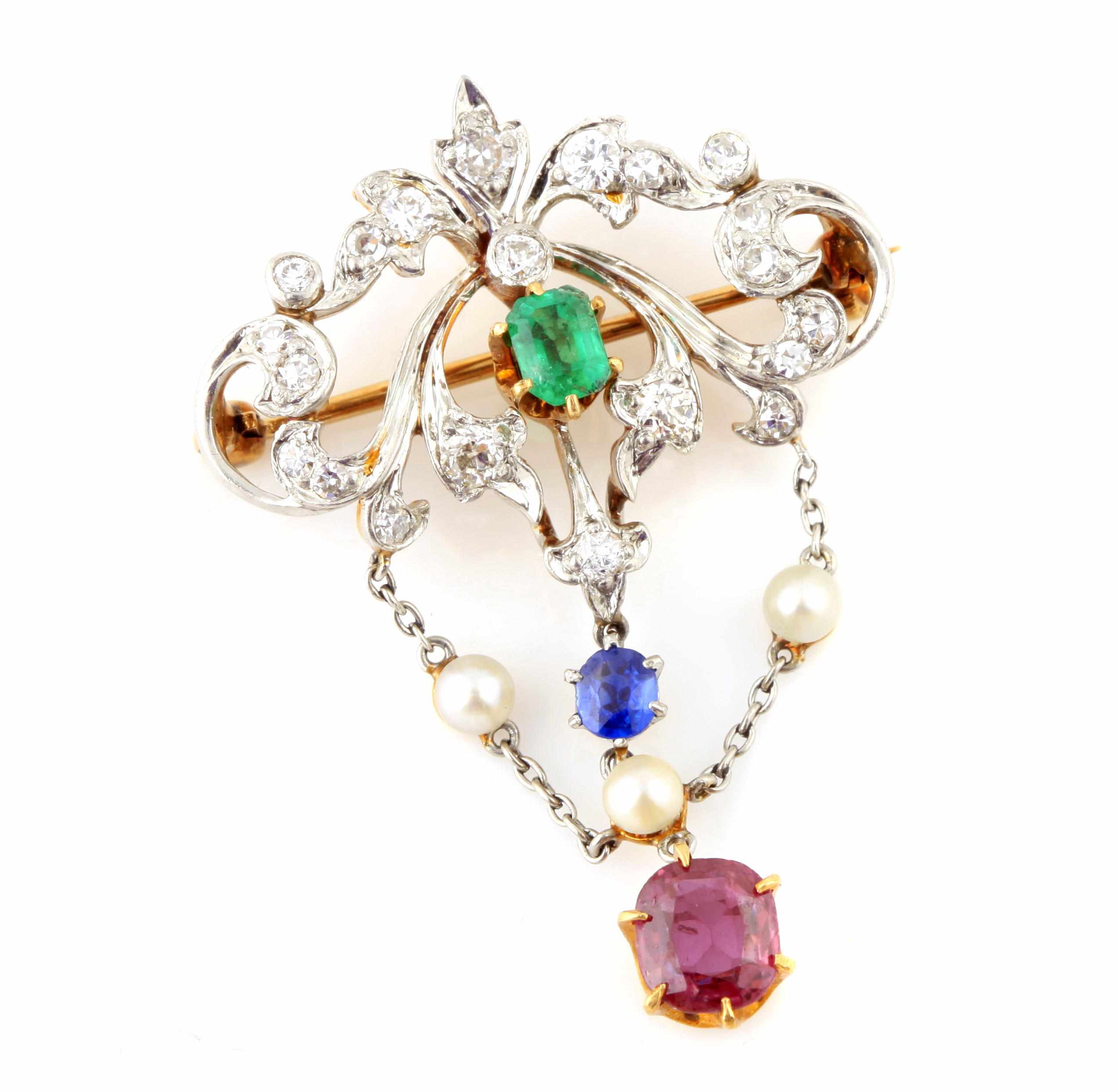 Appraisal: A gem-set diamond cultured pearl and platinum topped-gold brooch dimensions