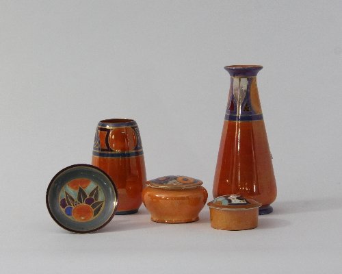 Appraisal: Gray Co Two lustre ware orange vases two circular boxes