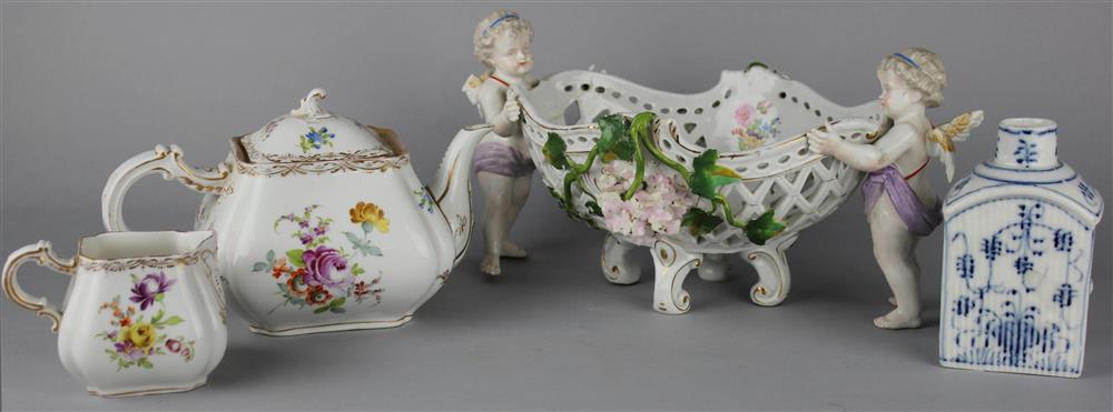 Appraisal: FOUR CONTINENTAL PORCELAIN PIECES including a Sitzendorf oval pierced centerpiece