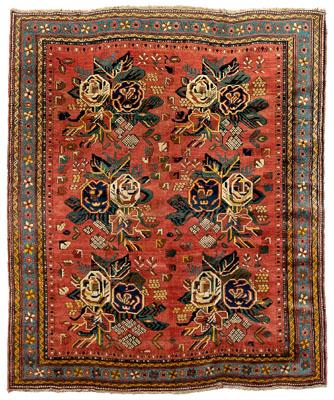 Appraisal: Afshar rug six floral bouquets on brick red field pale