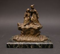 Appraisal: Murat Decorative Bronze Bronze sculpture features two women sitting atop