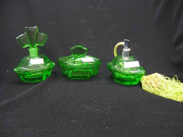 Appraisal: Green Art Glass Dresser Set perfume powder jar atomizer deco