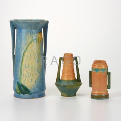 Appraisal: ROSEVILLE Three Futura vases Zanesville OH s s Glazed earthenware