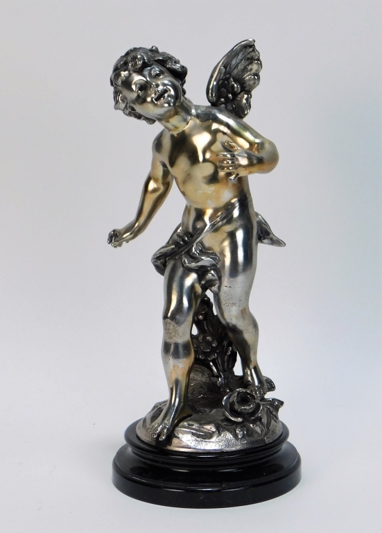 Appraisal: C SILVERED BRONZE CHERUB STATUE France th CenturyDepicts a young