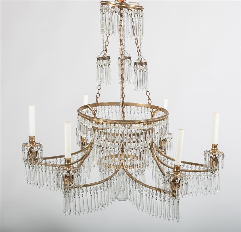 Appraisal: BALTIC NEOCLASSICAL STYLE GILT-BRONZE AND CUT-GLASS SIX-LIGHT CHANDELIER The circular