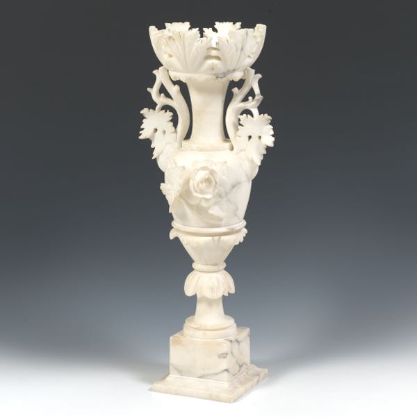 Appraisal: ALABASTER CARVED VASE ON PEDESTAL x x Intricately carved alabaster