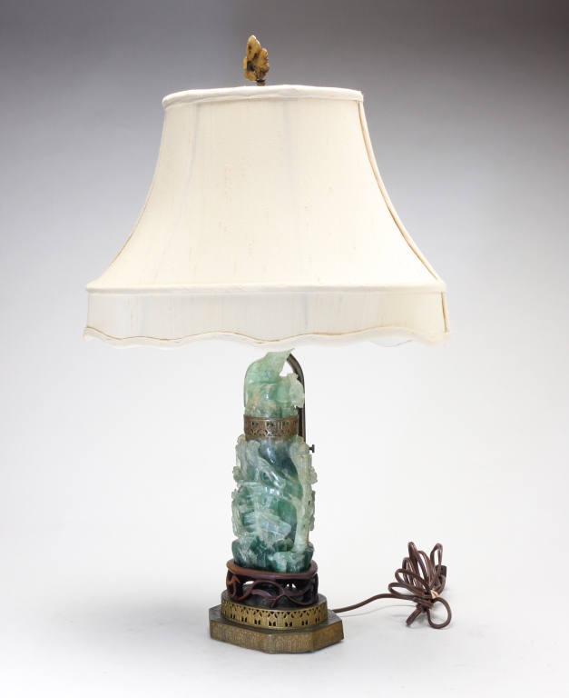 Appraisal: ASIAN CARVED GREEN STONE LAMP Twentieth century Carved two piece