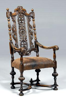 Appraisal: Flemish Baroque style open armchair mixed hardwoods elaborately carved with