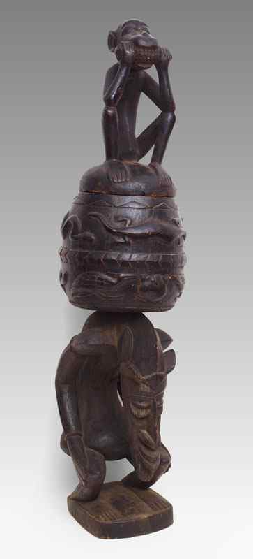 Appraisal: CARVED AFRICAN BAMILIEKE MONKEY POT WITH FIGURE '' x ''