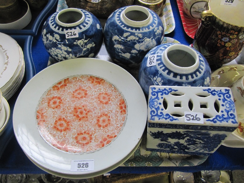 Appraisal: Three Chinese blue and white prunus jars four Japanese plates