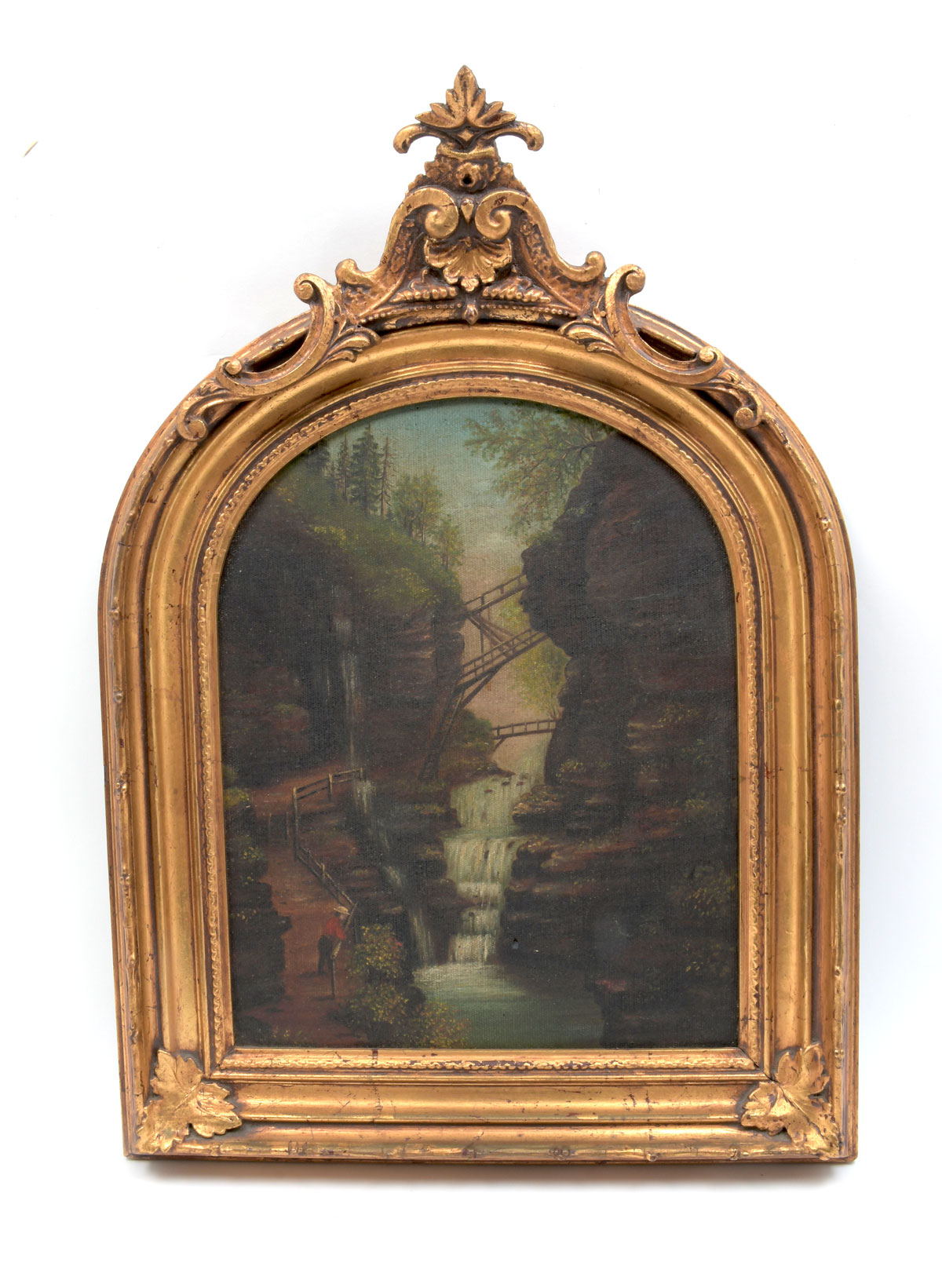 Appraisal: NAIVE AMERICAN SCHOOL PAINTING OF WATERFALLS Pencil inscription verso Lizzie