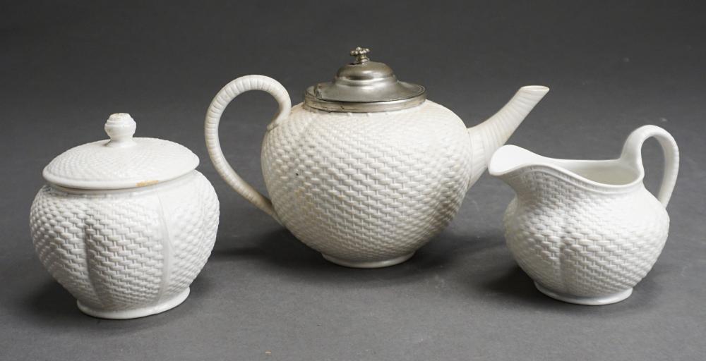 Appraisal: STAFFORDSHIRE WHITE SALT-GLAZED STONEWARE THREE-PIECE TEA SET WITH BLACK PRINTED