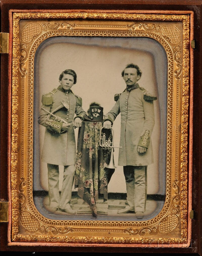 Appraisal: Half Plate Ambrotype of Two Men Wearing Band Uniforms Holding