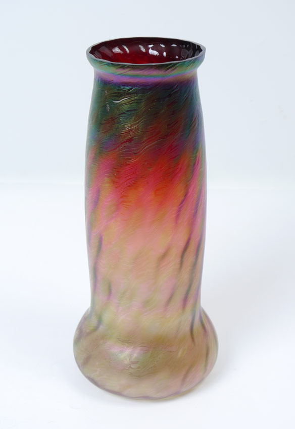 Appraisal: RINDSKOPF PEPITA IRIDESCENT ART GLASS VASE Deep red fading down