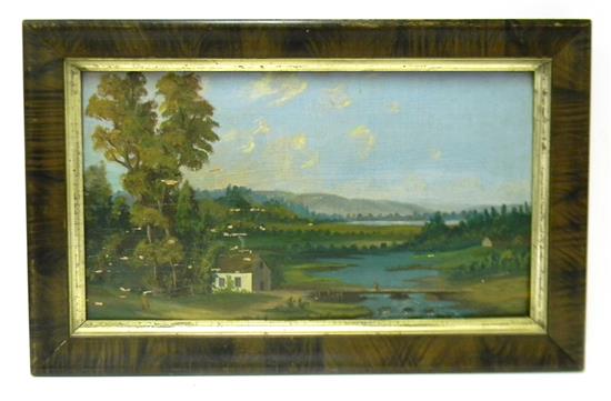 Appraisal: th C oil on board folk art landscape depicting scattered