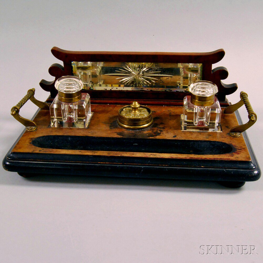 Appraisal: Brass and Carved Wood Inkstand late th century with two