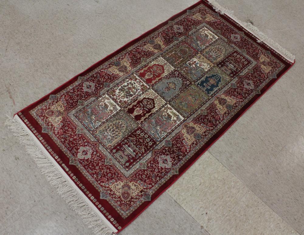 Appraisal: HAND KNOTTED 'BAMBOO SILK' AREA RUG repeating Saph prayer-panel design