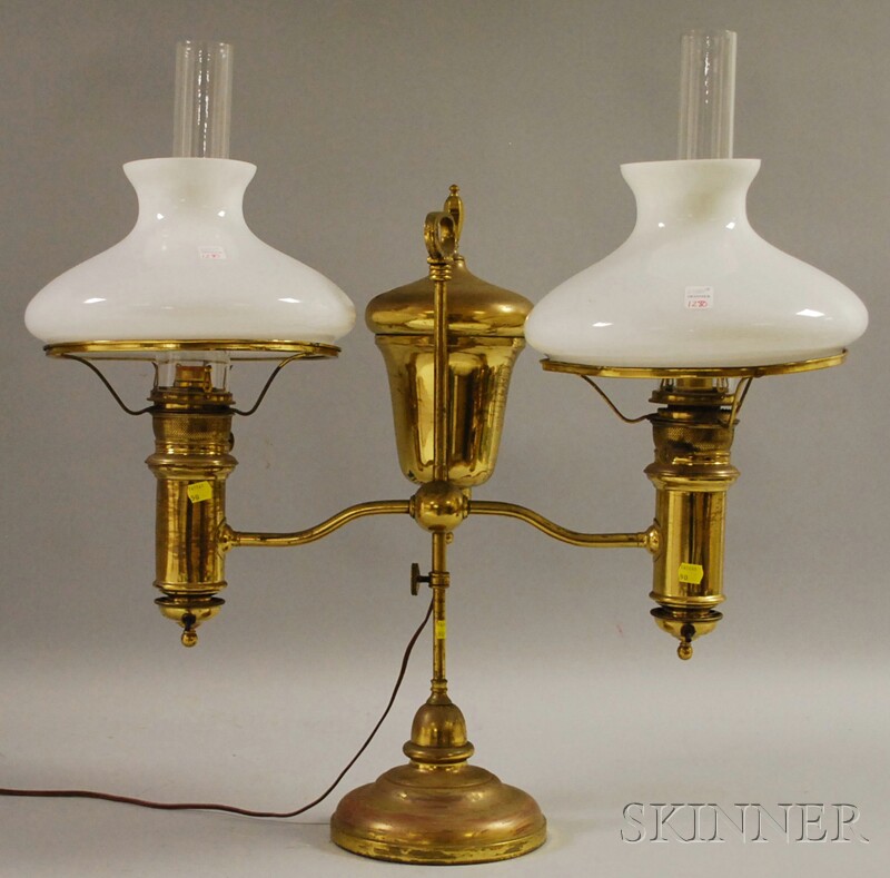 Appraisal: Brass Adjustable Double Student Lamp with a pair of opaque