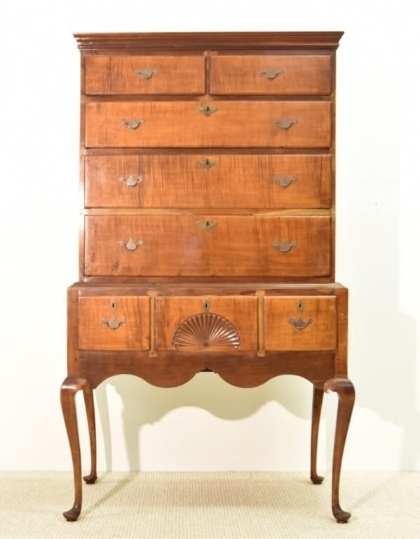 Appraisal: Connecticut Queen Anne tiger maple two-part highboy circa the back