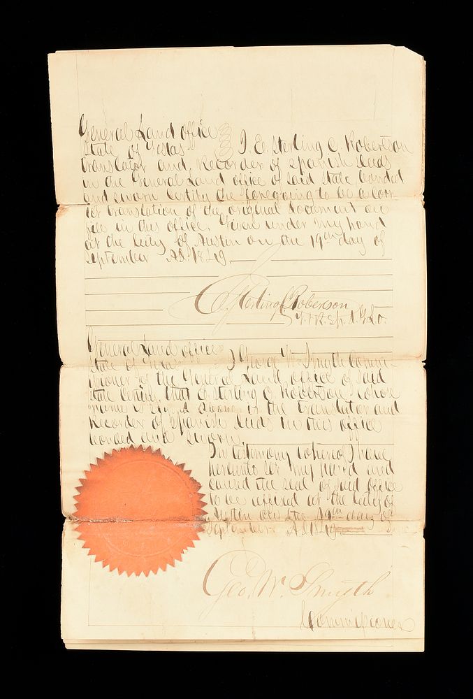 Appraisal: A TEXAS ROBERTSON COLONY TRANSLATED SPANISH LAND DEED BY ELIJAH