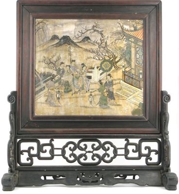 Appraisal: A Chinese screen finely painted with figures beside pagodas in