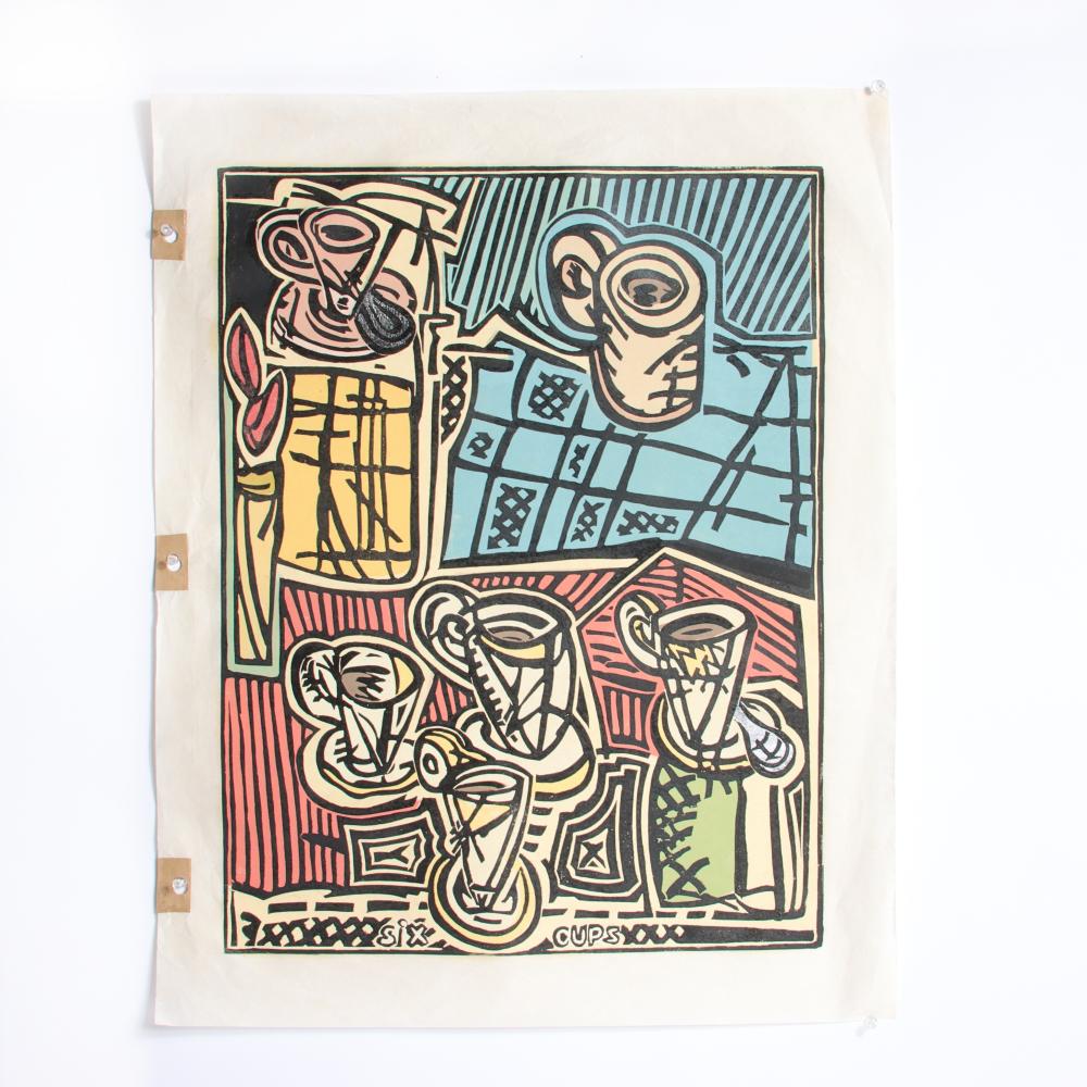 Appraisal: JAMES JIM SAMPSON INDIANA - SIX CUPS EDITION COLOR LINOCUT