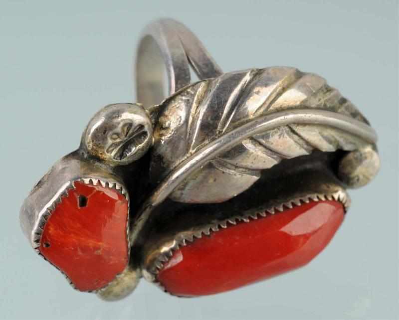 Appraisal: Native American Indian Ladies Silver Ring Description With two coral