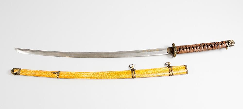 Appraisal: Asian long sword Asian long sword in bowed shape with