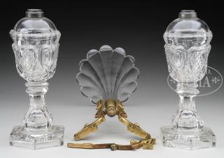 Appraisal: PAIR OF CLEAR SANDWICH WHALE OIL LAMPS AND ORMALU-MOUNTED TRUMPET