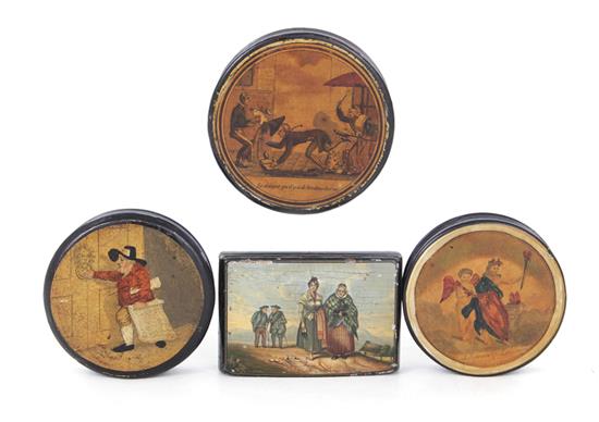 Appraisal: English papier-mache snuff boxes th century pictorial-decorated Dia and and