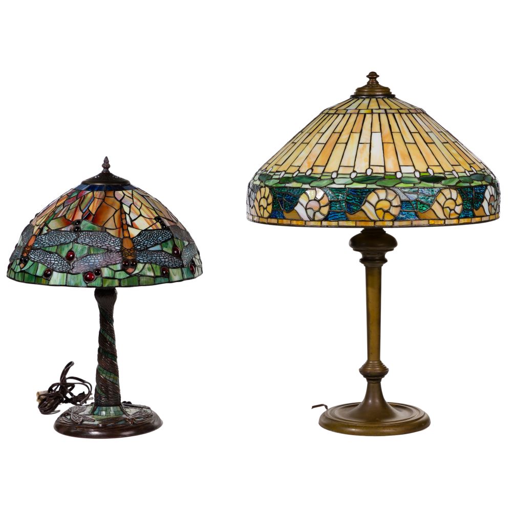 Appraisal: ART GLASS TABLE LAMPS items including an unmarked brass base