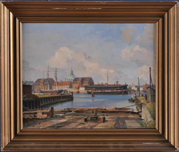 Appraisal: AXEL JOHANSEN - HARBOR SCENE Oil on canvas x in