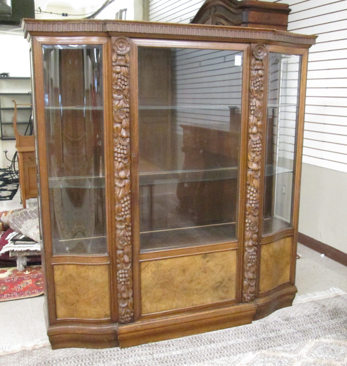 Appraisal: CARVED OAK BURL WALNUT AND GLASS CHINA DISPLAY CABINET Belgian