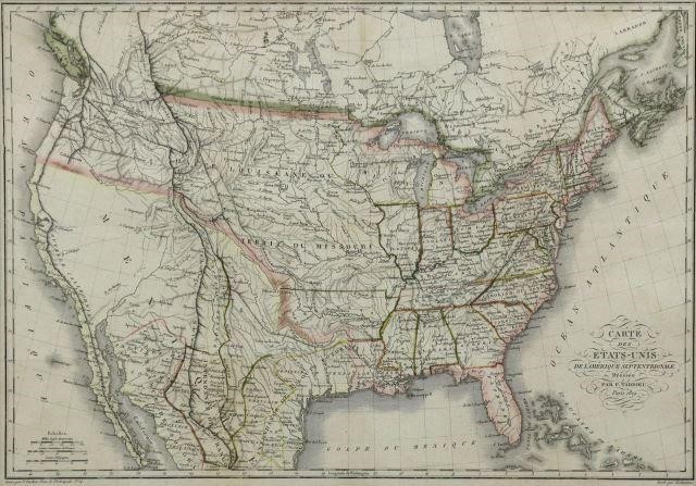 Appraisal: Framed French hand-painted map of the United States and Mexico