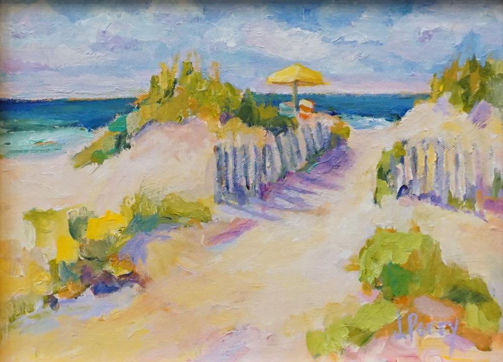 Appraisal: Jacquelin Perry American b Beach Scene Oil on Board Frame