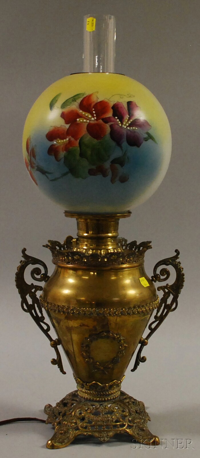 Appraisal: Late Victorian Brass Kerosene Table Lamp with Hand-painted Floral-decorated Glass