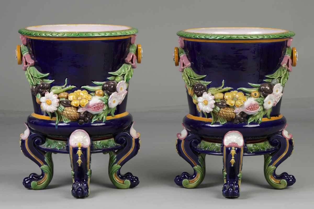 Appraisal: A Pair of Minton Majolica Planters th cent With claw