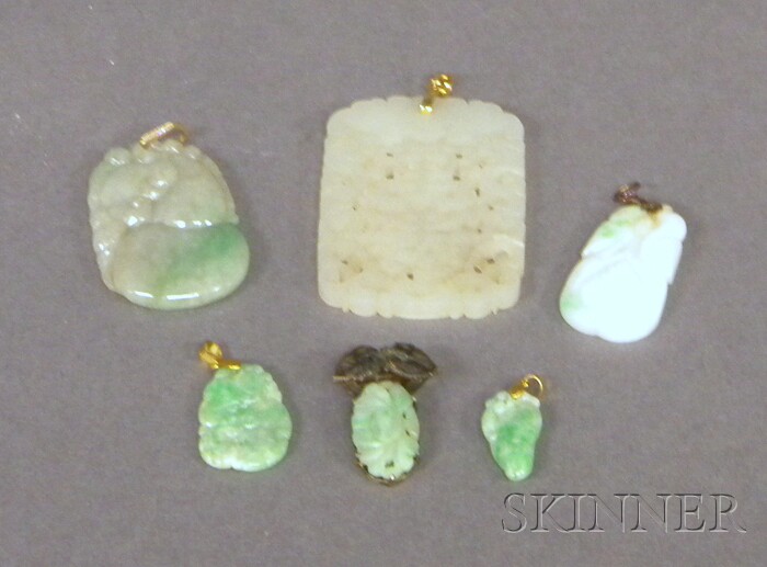 Appraisal: Five Carved Jade Pendants and a Clip white and green