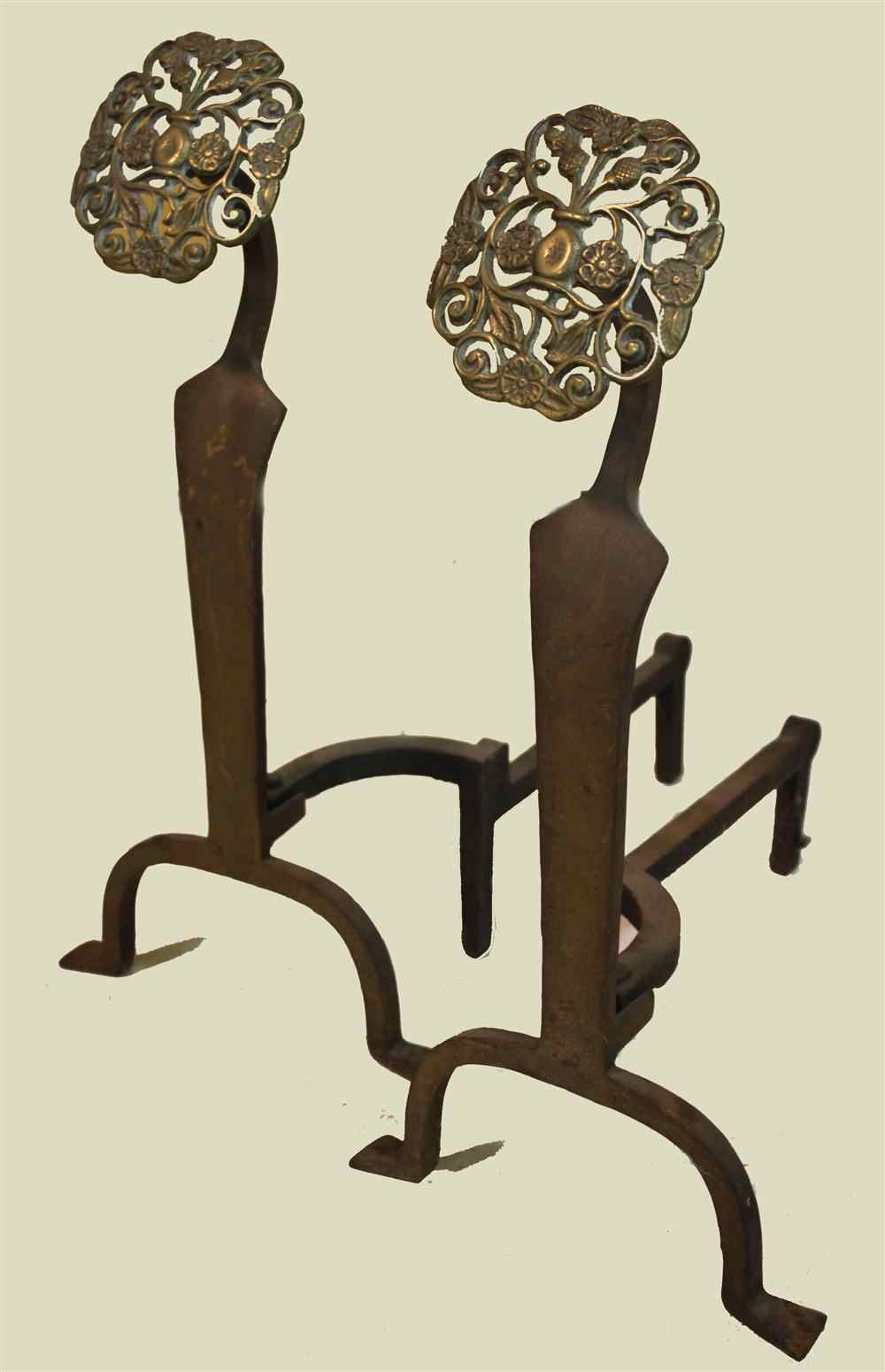 Appraisal: PAIR OF ARTS AND CRAFTS STYLE ANDIRONS with floral and