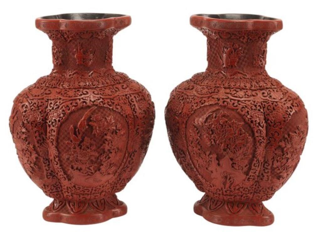 Appraisal: pair Chinese cinnabar vases approx h w d lbs total