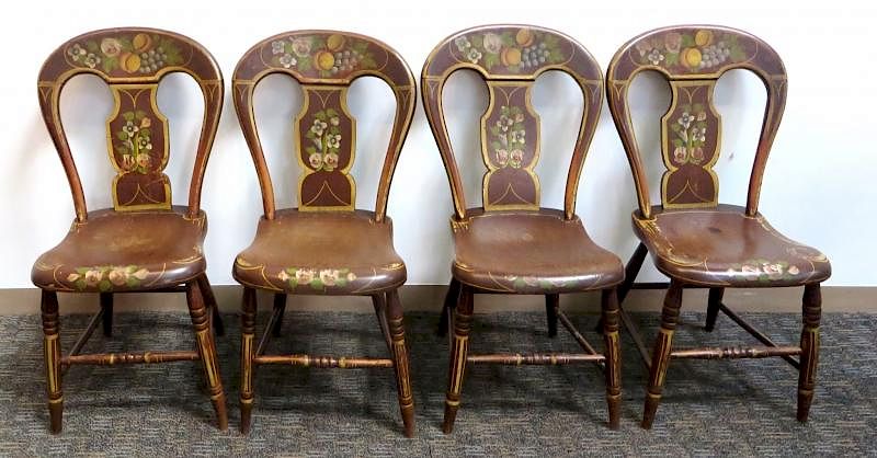 Appraisal: Four Early American Painted Balloon Back Chairs Four Early American